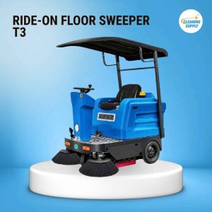 Ride-on sweeper machine for efficient commercial cleaning.